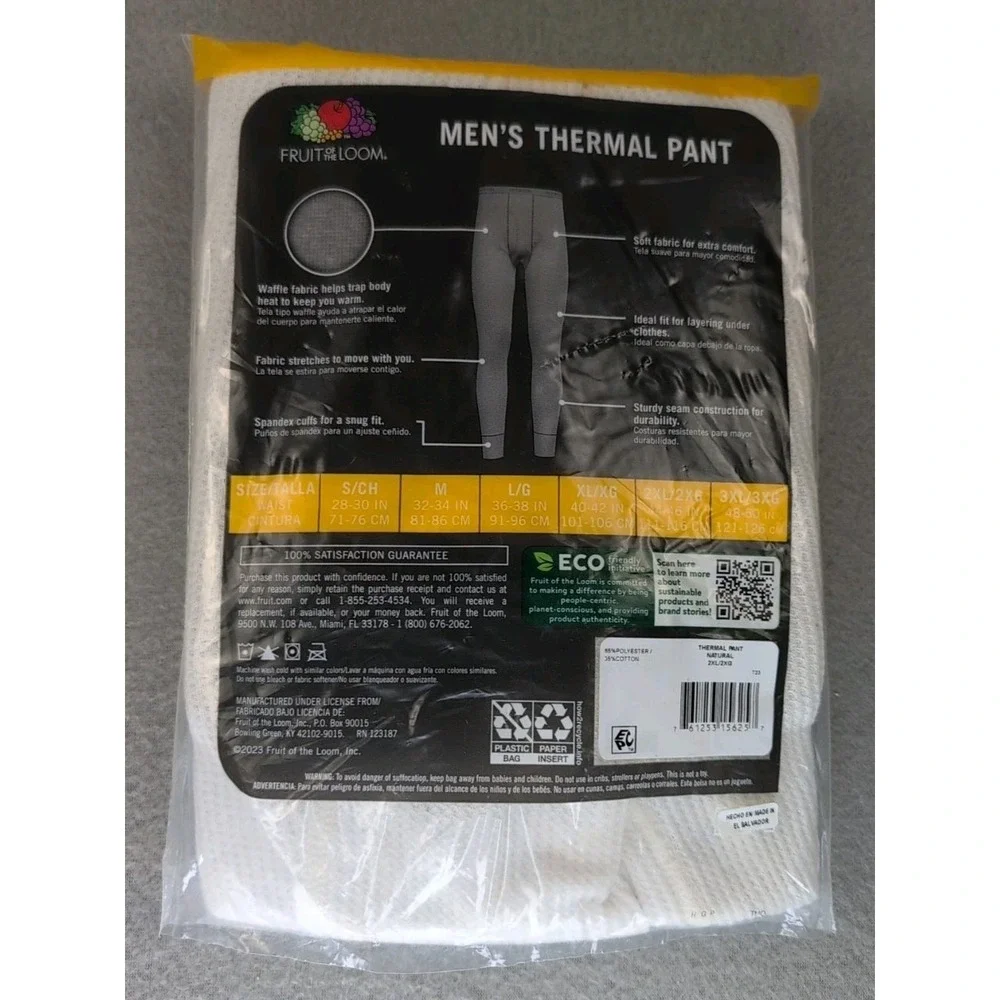 Fruit of the Loom Men's Thermal Pants 2XL White Long‎ Johns 2 Pack NIP